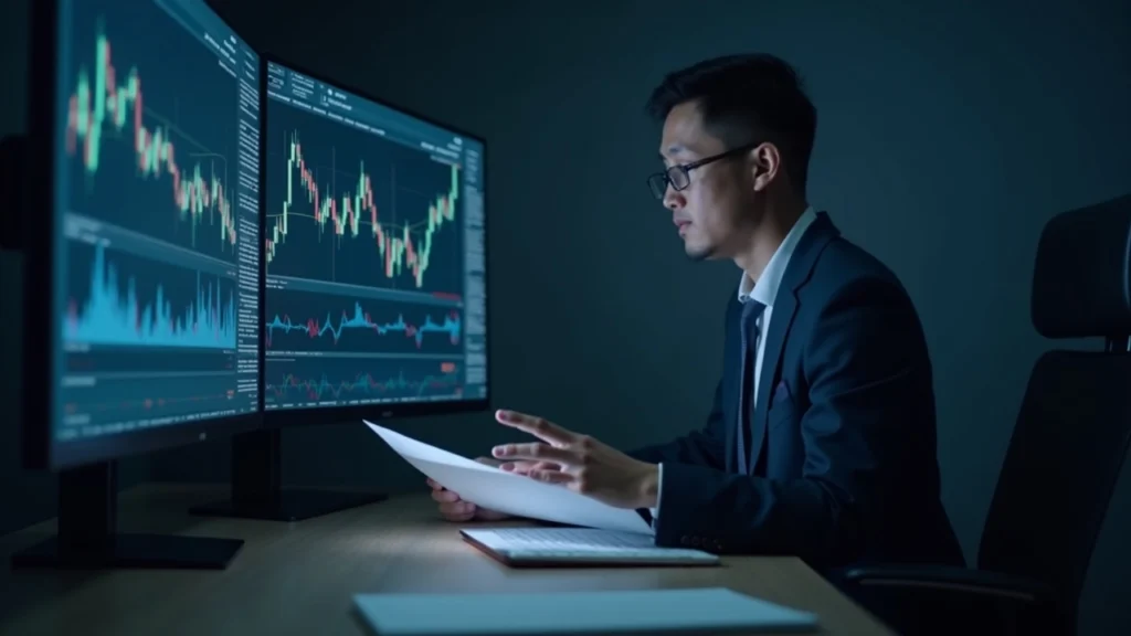 Hana Bank executive reviews regulatory documents as crypto charts appear on screen, illustrating banking-crypto separation.