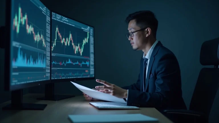 Hana Bank executive reviews regulatory documents as crypto charts appear on screen, illustrating banking-crypto separation.