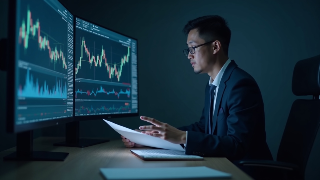 Hana Bank executive reviews regulatory documents as crypto charts appear on screen, illustrating banking-crypto separation.