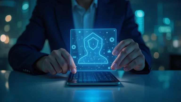 Business professional at a desk with a blockchain identity display illustrating on-chain company IDs in Innovation City.