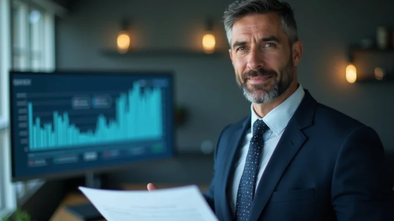 Serious corporate executive in a suit holds a memo about layoffs, with AI workflow charts on a monitor.