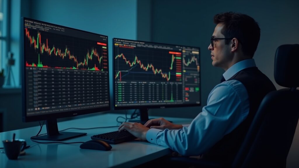 Market-maker at a clean desk with two monitors showing BTC ETF declines and ETH ETF gains.