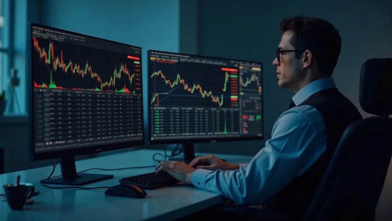 Market-maker at a clean desk with two monitors showing BTC ETF declines and ETH ETF gains.