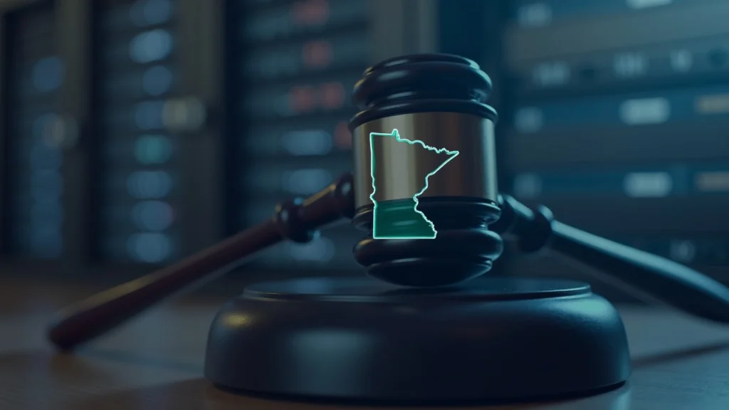 Courtroom gavel, server rack, and Minnesota silhouette illustrating Kalshi's federal vs state prediction market challenge.