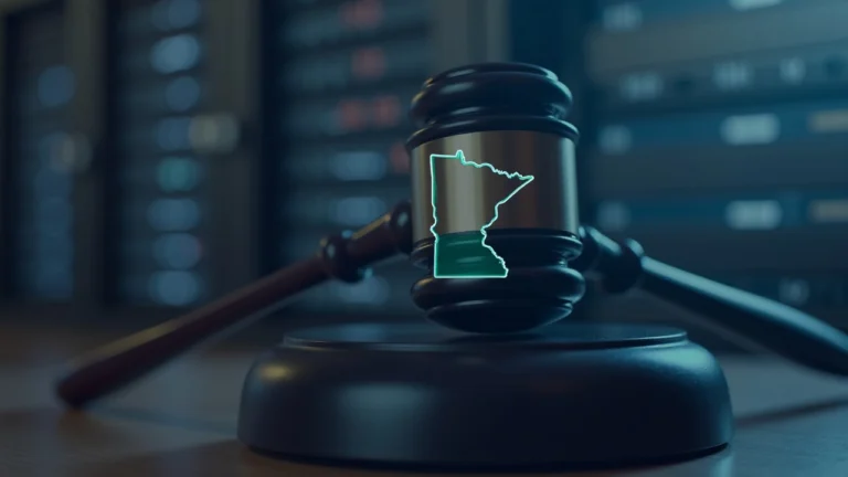 Courtroom gavel, server rack, and Minnesota silhouette illustrating Kalshi's federal vs state prediction market challenge.