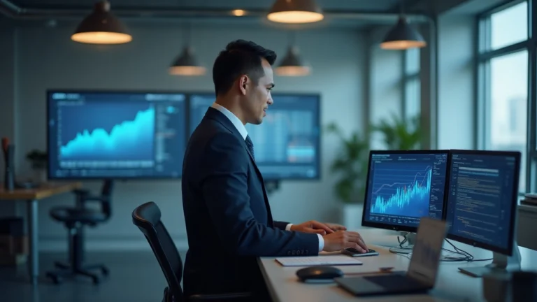 Finance professional in a modern office with Kalshi branding on screens and a rising chart signaling Series F funding