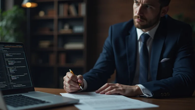 Suit-clad lawyer at desk with contract and blockchain code on laptop in newsroom