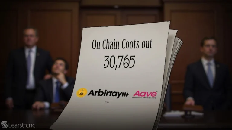Manhattan courtroom scene with a legal document overlay showing 30,765 ETH and Arbitrum and Aave logos