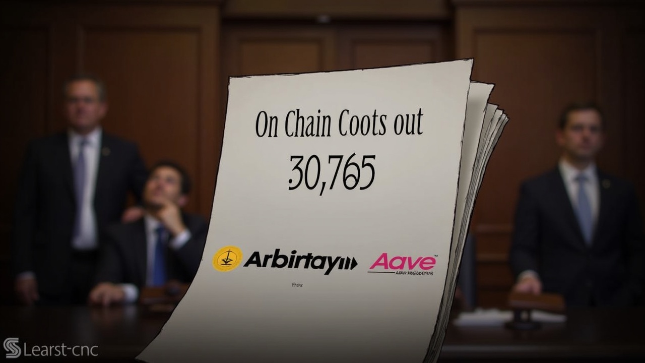 Manhattan courtroom scene with a legal document overlay showing 30,765 ETH and Arbitrum and Aave logos
