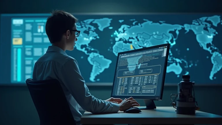 Meta engineer at a desk with AI dashboards on screen, Singapore highlighted on a wall map, newsroom lighting