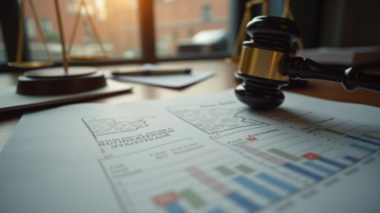 Editorial newsroom scene: Minnesota outline on a legal document with a foreground gavel and scales of justice.