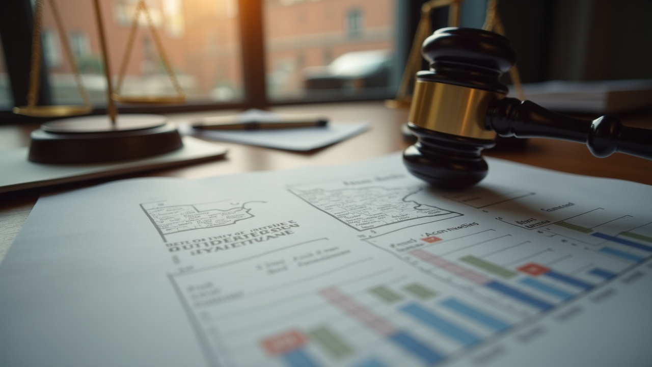 Editorial newsroom scene: Minnesota outline on a legal document with a foreground gavel and scales of justice.