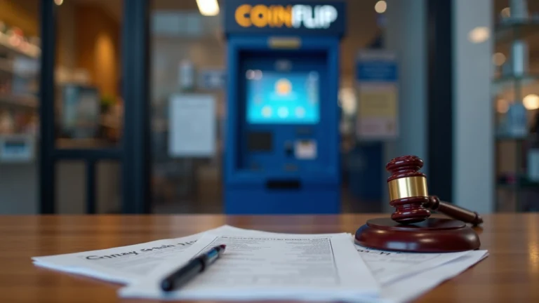 CoinFlip crypto ATM in storefront with a court gavel and legal documents, signaling regulatory action over alleged scams