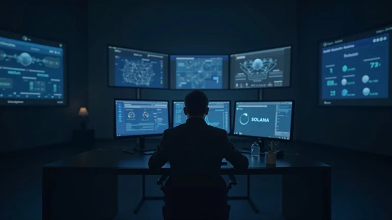 Fintech office scene: a professional at a desk, screens show Solana network diagrams and fast routing, MoonPay branding.