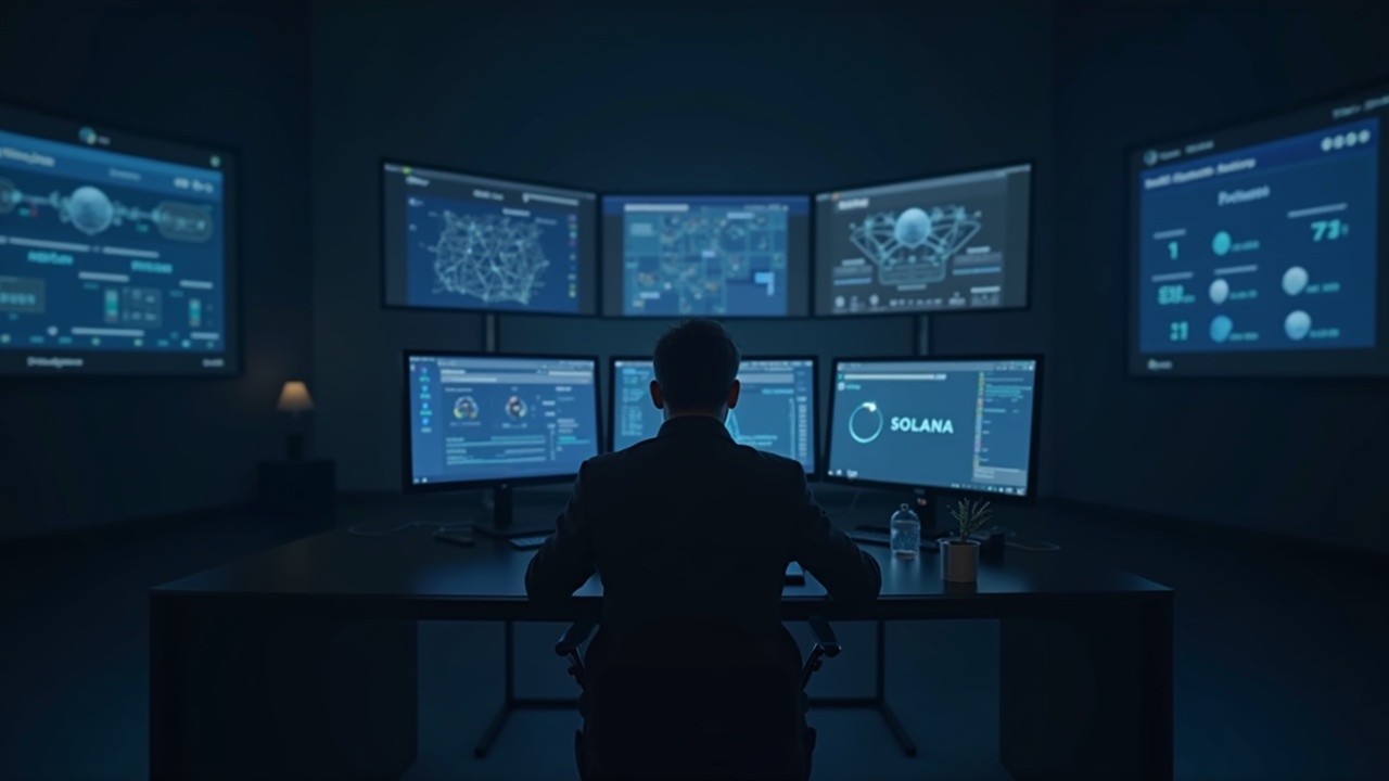 Fintech office scene: a professional at a desk, screens show Solana network diagrams and fast routing, MoonPay branding.
