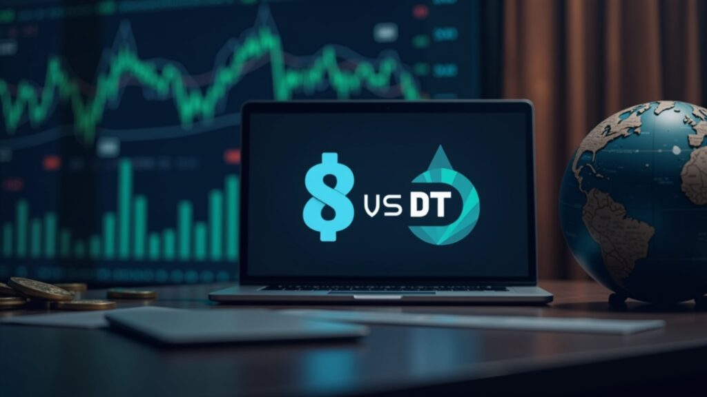 Newsroom desk with laptop displaying USDT and USDC logos, plus a globe and market tickers in the background.