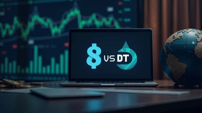 Newsroom desk with laptop displaying USDT and USDC logos, plus a globe and market tickers in the background.