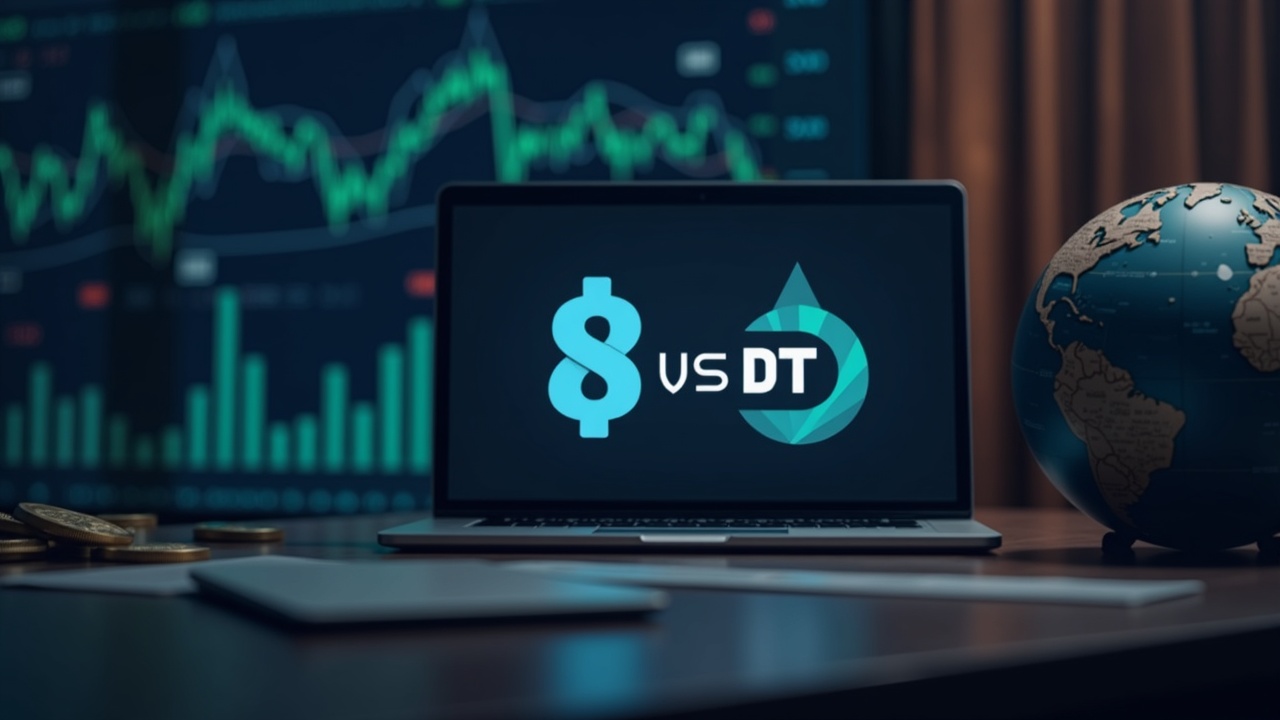 Newsroom desk with laptop displaying USDT and USDC logos, plus a globe and market tickers in the background.