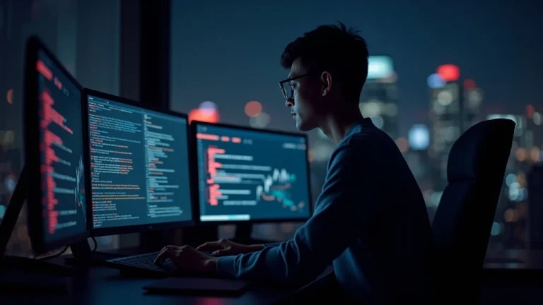 Editorial portrait of a cybersecurity analyst at a desk with dual monitors showing blockchain transactions and red alerts.