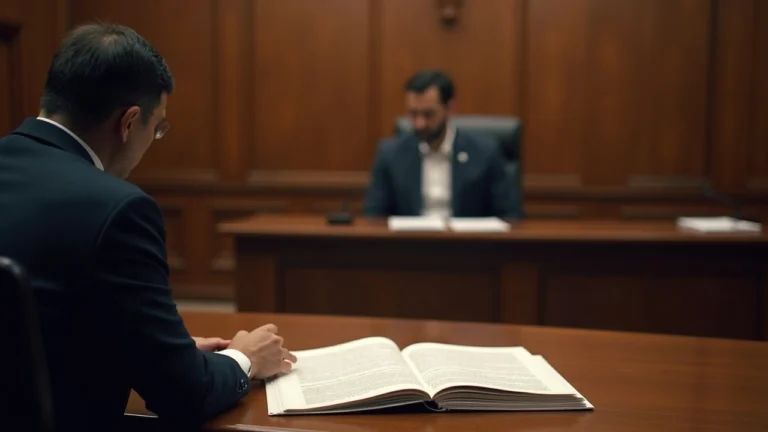 Judge presiding over an Ohio crypto Ponzi sentencing; defendant in a suit, documents and a digital ledger on the table.