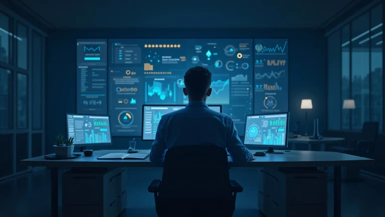 Professional office scene with analyst reviewing an AI skills dashboard showing OnchainOS and agent tooling labels.