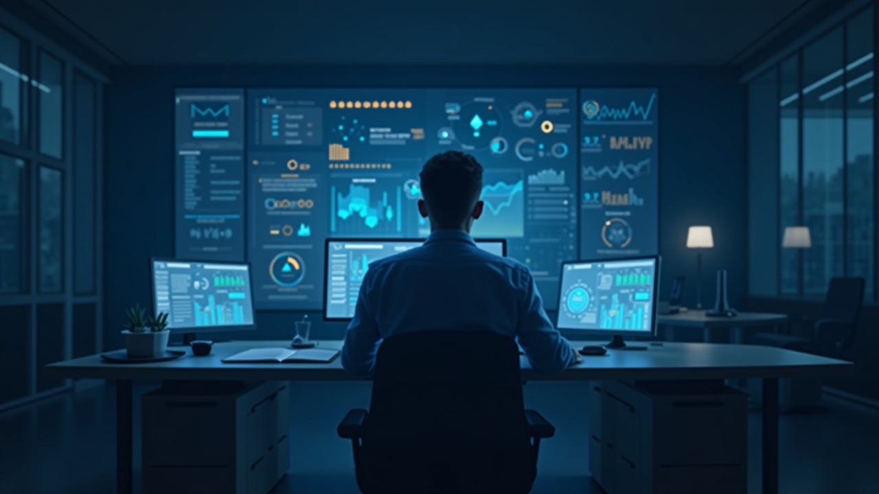 Professional office scene with analyst reviewing an AI skills dashboard showing OnchainOS and agent tooling labels.