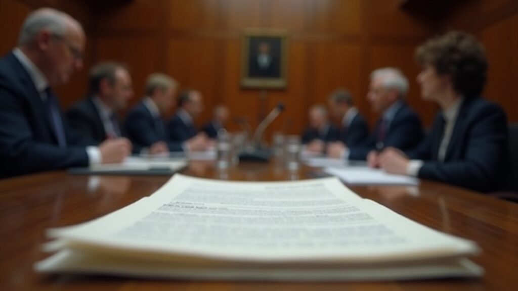 Polish parliament session with lawmakers debating and a thick Crypto Law document on the desk, signaling MiCA alignment.