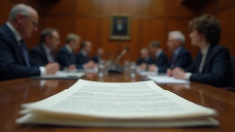 Polish parliament session with lawmakers debating and a thick Crypto Law document on the desk, signaling MiCA alignment.