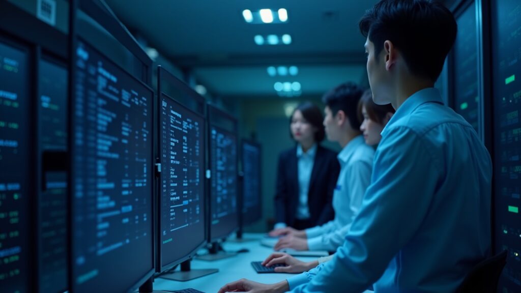 Samsung SDS team in a secure data center monitoring a live tokenized securities ledger on a monitor.