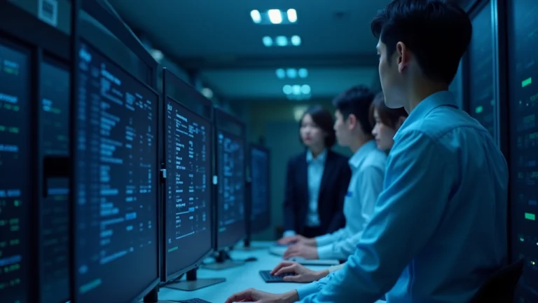 Samsung SDS team in a secure data center monitoring a live tokenized securities ledger on a monitor.