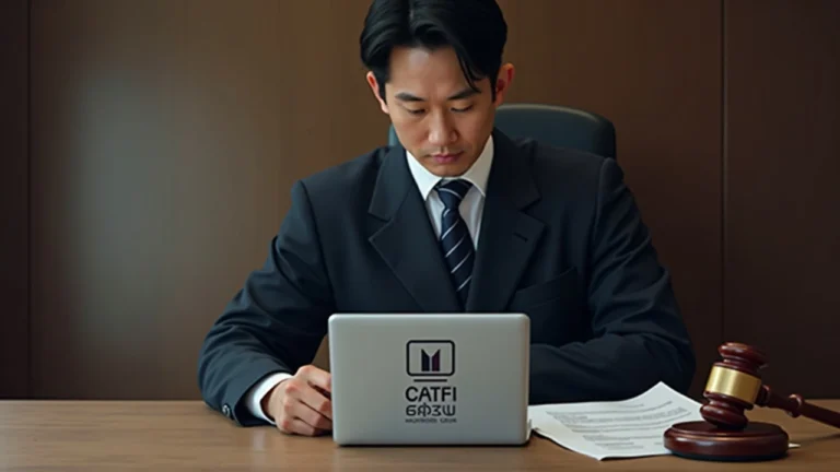 Editorial portrait of a Seoul prosecutor at a desk with a CATFI logo on a laptop, legal documents, and a gavel.