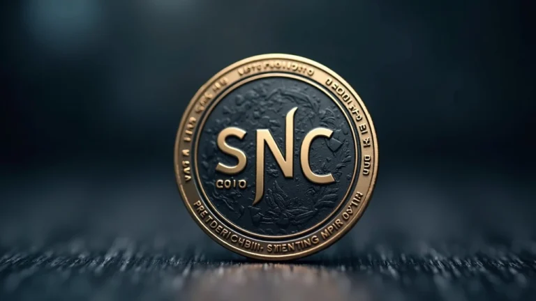 SNC Scandic Coin logo on a coin, with BingX, BitMart, L-Bank and Biconomy visible in a newsroom.