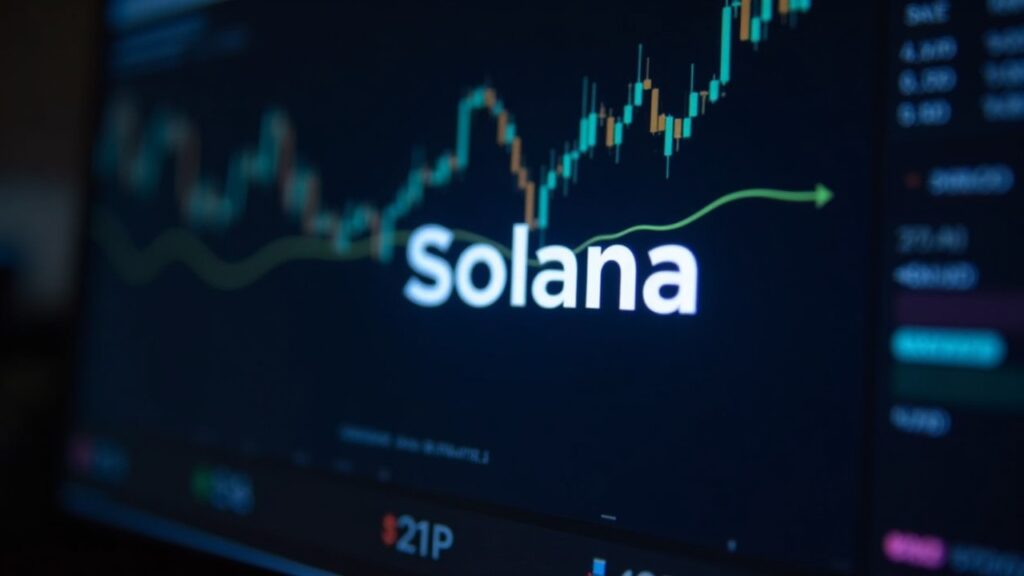 Solana logo lit on a trading monitor with rising chart and ETF inflow figures signaling institutional demand toward 120