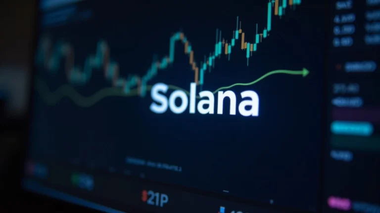 Solana logo lit on a trading monitor with rising chart and ETF inflow figures signaling institutional demand toward 120