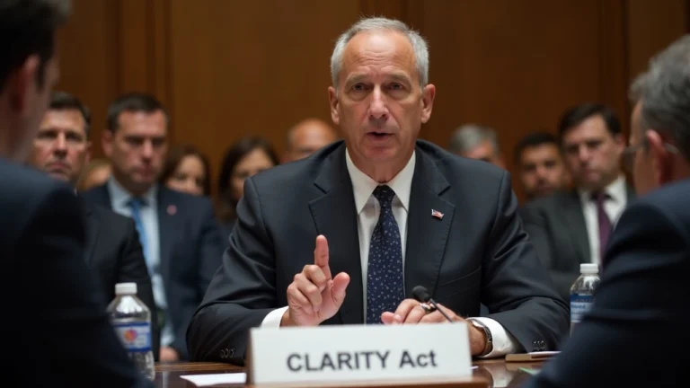 Banker briefing lawmakers in a senate hearing room with CLARITY Act documents centered