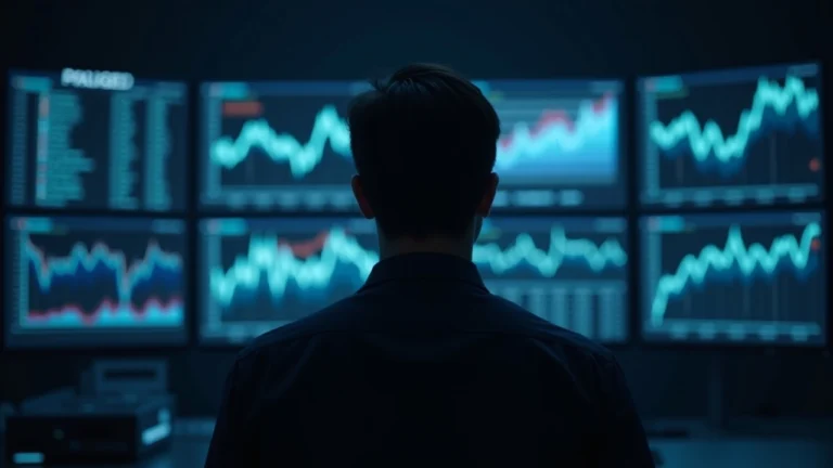 Editorial photo of a data center with a focused analyst as screens show paused SUI blocks and volatile price charts
