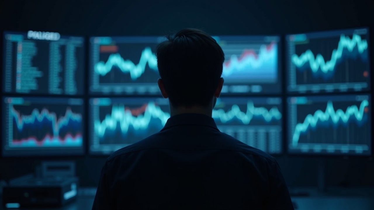Editorial photo of a data center with a focused analyst as screens show paused SUI blocks and volatile price charts