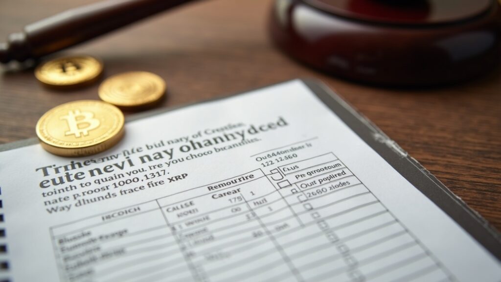 Editorial courtroom desk with a legal brief, Prime Trust ledger, custody notes, and visible BTC and XRP coins