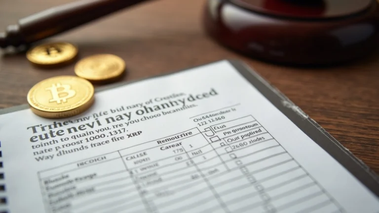 Editorial courtroom desk with a legal brief, Prime Trust ledger, custody notes, and visible BTC and XRP coins