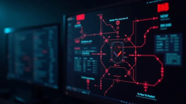 Newsroom portrait of THORChain breach; monitor shows cross-chain links BTC, ETH, BNB with red alert and paused networks.