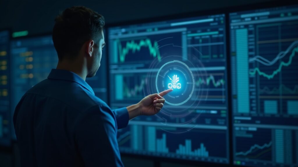 Financial professional examining a large screen displaying a tokenized repo ledger in a modern trading room.