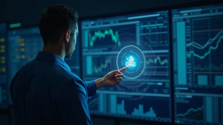 Financial professional examining a large screen displaying a tokenized repo ledger in a modern trading room.