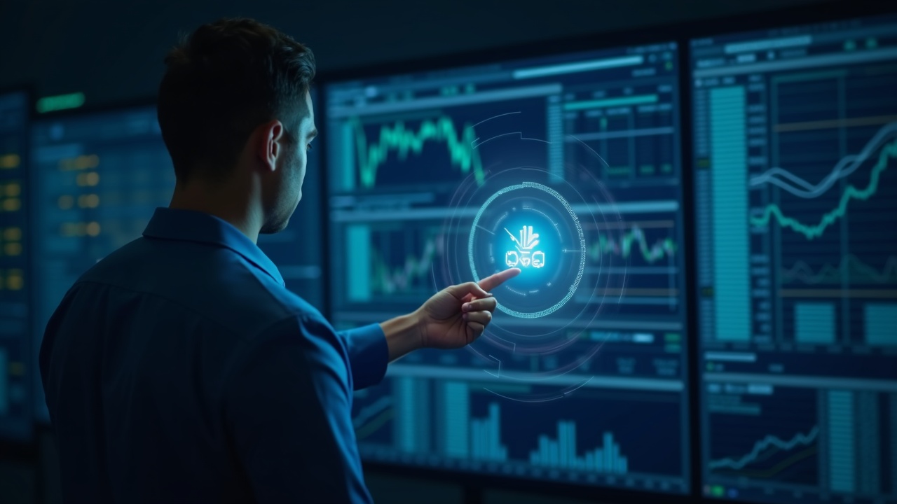 Financial professional examining a large screen displaying a tokenized repo ledger in a modern trading room.