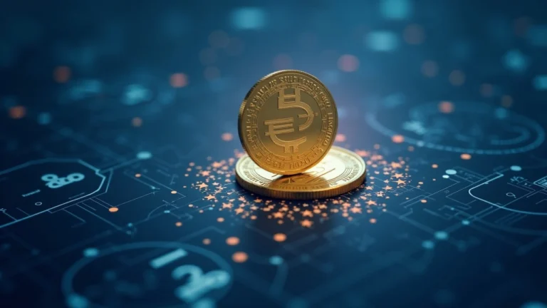 Editorial image of a digital token on a secure ledger with euro symbols and policymakers in the background