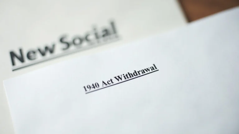 Close-up of a regulatory filing labeled 1940 Act withdrawal with an SEC watermark, blurred Truth Social note in a newsroom.