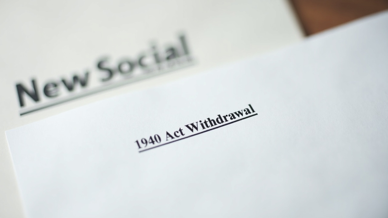 Close-up of a regulatory filing labeled 1940 Act withdrawal with an SEC watermark, blurred Truth Social note in a newsroom.