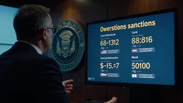 Editorial portrait of a Treasury official briefing sanctions monitor shows six Ethereum addresses and cartel names OFAC seal