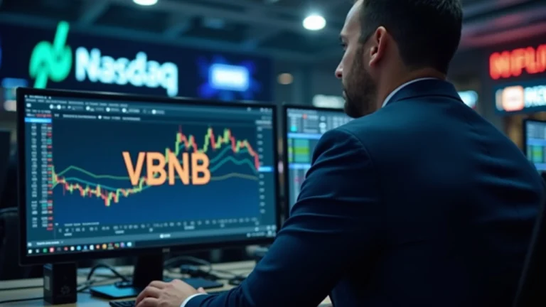 Editorial shot of a financial professional at a desk with a monitor showing the VBNB ticker and Nasdaq signage.