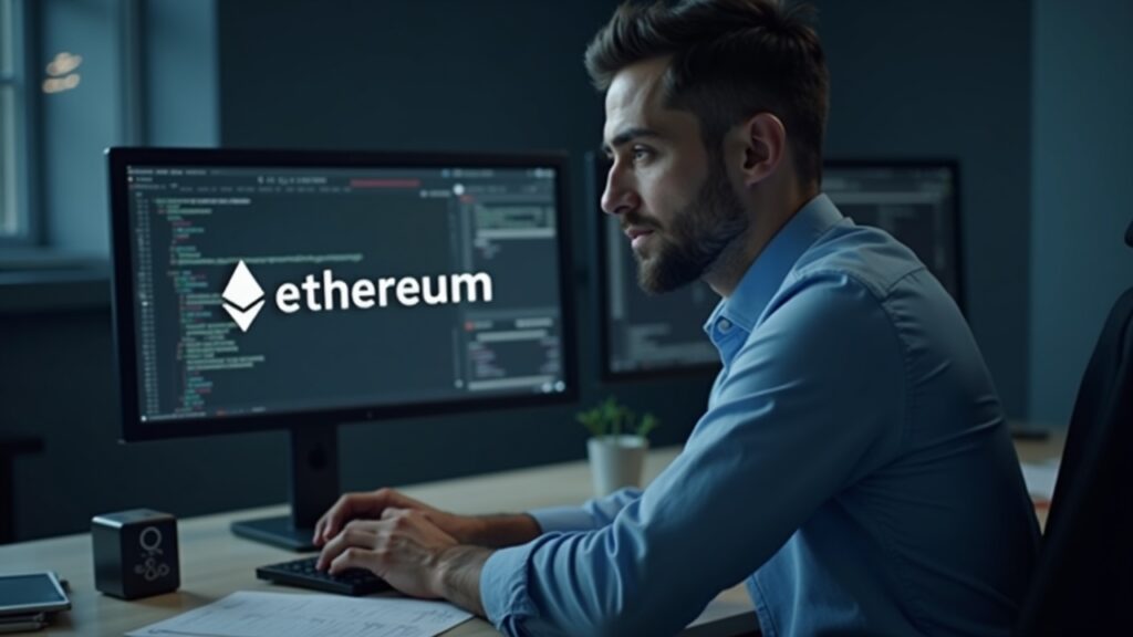 Editorial portrait of a newsroom analyst at a desk, Ethereum logo on monitor, small ship icon in background, CROPS document, muted tones