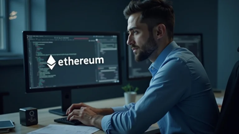 Editorial portrait of a newsroom analyst at a desk, Ethereum logo on monitor, small ship icon in background, CROPS document, muted tones